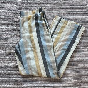NWT Cato Linen-Blend Vertical Stripe Wide-Leg Pants in Blue, Pick, & Yellow